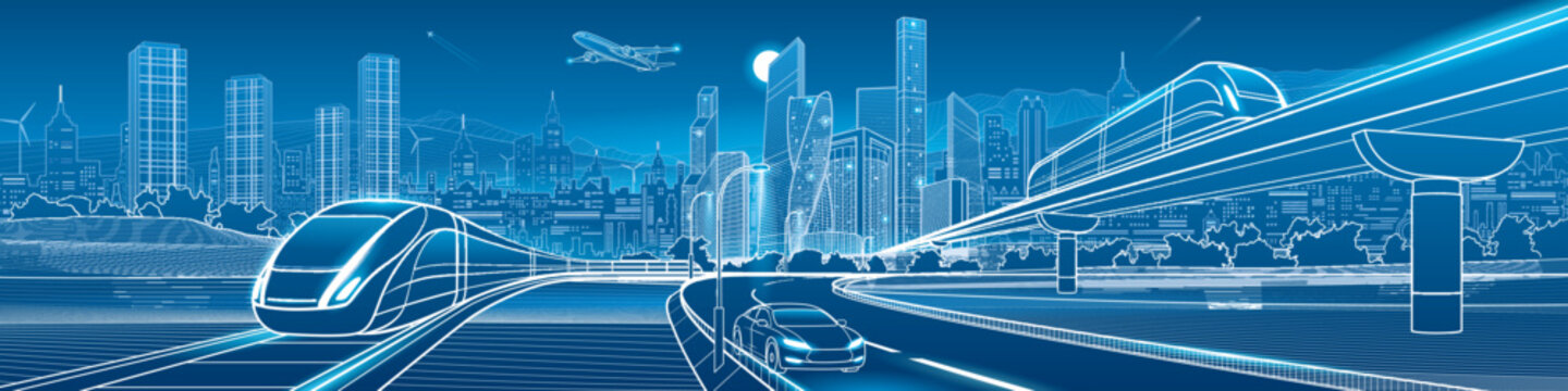 Futuristic city panorama with high speed trains, elevated railway, curved highway, modern car and skyscrapers. Blue vector illustration of advanced urban transportation, railway infrastructure and fut