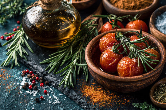 Roasted tomatoes in a small clay bowl seasoned with rosemary and olive oil