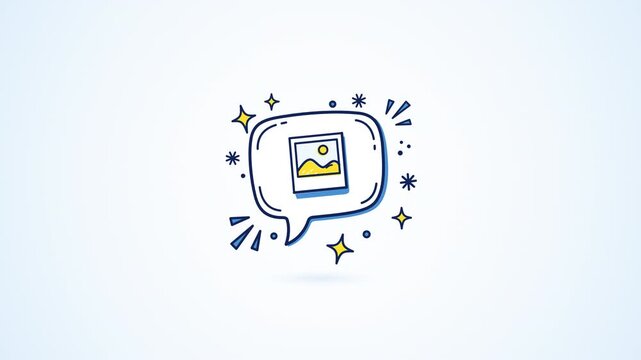 Cinematic hand-drawn sketch doodle vector animation of a social media chat speech bubble with a Polaroid landscape photo card, sun gleam, lively ray b.