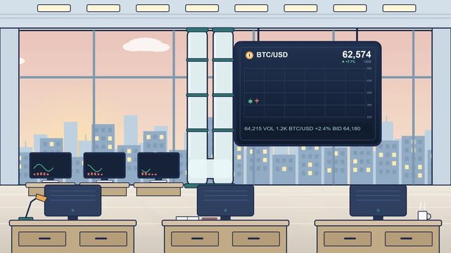 Animated trading office with rising Bitcoin price chart on large screen