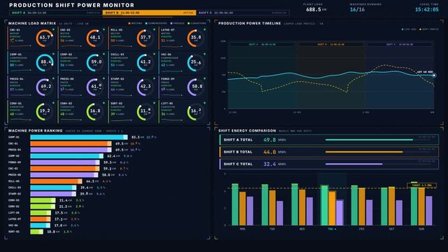 Industrial power usage dashboard with machine load gauges, shift timelines, and bar charts on dark steel-blue background for commercial creative technology and business use.