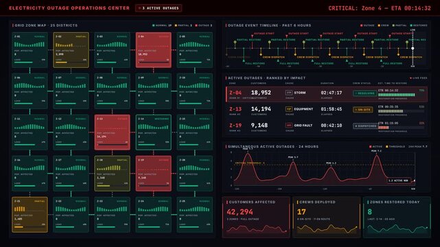 4K emergency operations dashboard tracking electricity outage zones, restoration progress, and crew deployment with urgent red alerts. for commercial creative technology and business use.