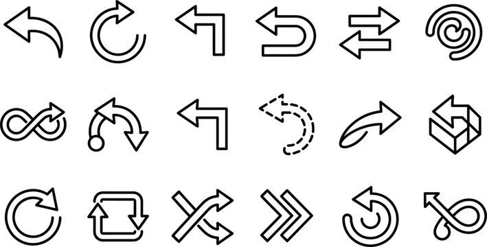 Arrow and loop navigation line icons set of undo redo refresh shuffle repeat outline minimal monochrome interface vector elements