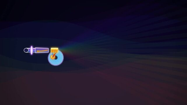 Abstract 2D animation of a party blower unfurling with spectral colorful light waves on a dark background illustrating sound or physics concepts