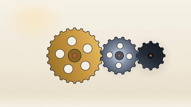 Industrial mechanical gears in gold and silver, interlocking metal cogs for teamwork, rotating gear system for business process and engineering