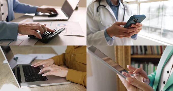 Close up collage of diverse professional women holding smartphone, tablet, working on laptops, engaged in work-related tasks using modern digital tools. Technologies usage in business and healthcare