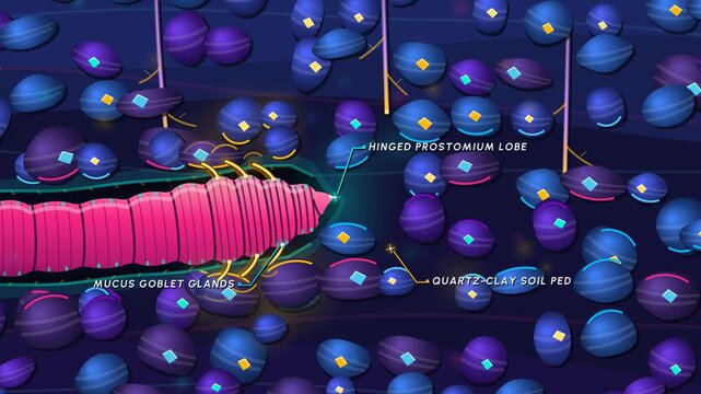 3D educational animation explaining the biomechanics of earthworm peristaltic locomotion, detailing internal anatomy, muscle contractions, hydrostatic pressure, and setae hooks