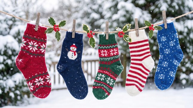 Collection of decorative wool socks hanging on a line with holly berries in winter christmas stocking holiday sock knitted decoration scenery