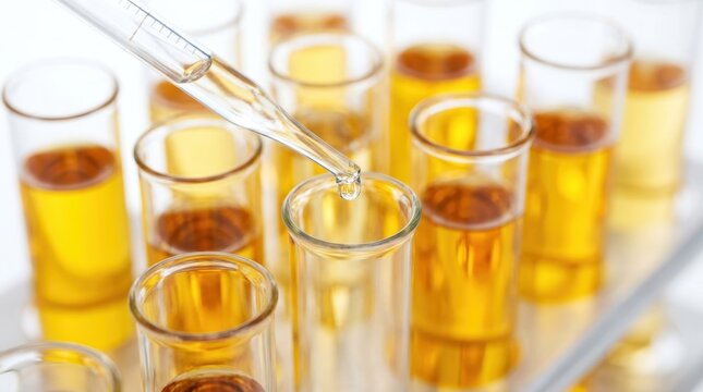 Close-up of a pipette dripping liquid into glass test tubes filled with golden amber oil for laboratory research, cosmetic serum development, pharmaceutical testing, and oil extraction analysis.