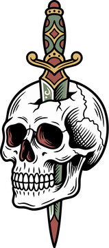Cracked skull with red eyes pierced by an ornate dagger with a green and red decorative hilt, in old school tattoo style