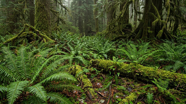 Ancient temperate rainforest floor with vibrant green ferns and moss-covered trees, showcasing nature's lush and untamed beauty