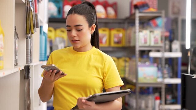 Female warehouse worker checking product stock with mobile phone and digital tablet in store