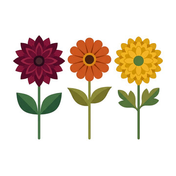Set of three colorful stylized flowers in flat vector illustration style including burgundy, orange, and yellow floral elements with green leaves and stems isolated on a transparent background.