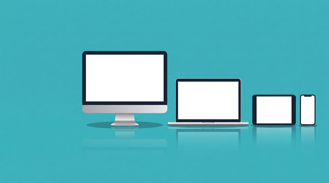 Responsive digital screen devices mockup set with computer laptop tablet and smartphone on teal background