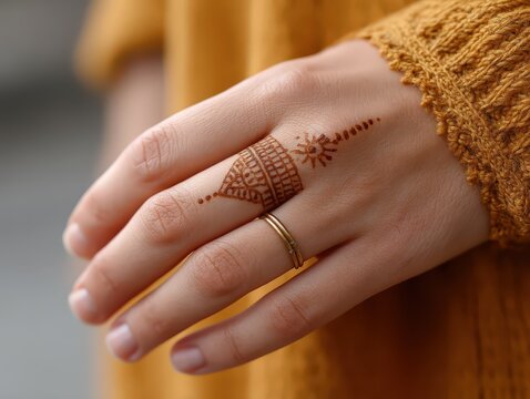 Henna Tattoo Design on Finger with Gold Ring - Close-up of Intricate Pattern and Jewelry, Beauty and Fashion Concept