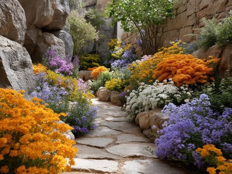 Lush Floral Garden Pathway - Impressionistic Painting of Vibrant Flowers and Greenery, Springtime Landscape Art