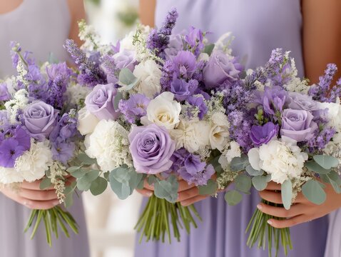 Elegant Floral Arrangement: Peach Roses, Lavender, and Blue Flowers in a Glass Vase on a Marble Table.
