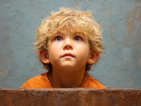 Cute toddler boy peeking playfully from behind a wall, wearing a cozy grey hoodie, portrait, studio shot.