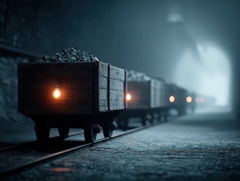 Eerie Mine Tunnel with Railcars - Atmospheric Industrial Stock Photo