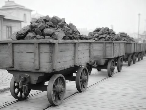 Vintage Coal Mine Railway Wagons: Historic Black and White Image of Industrial Transport and Mining Operations.