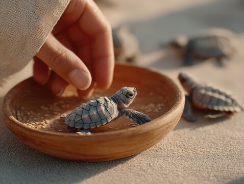 Hands cupping a tiny sea turtle hatchling on a sandy beach, symbolizing conservation and marine wildlife protection.
