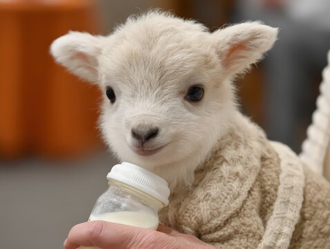 Hand feeding a newborn lamb with a bottle indoors, showcasing animal care, nurturing, and a heartwarming rural scene.