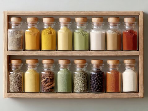 Organized Spice Rack: Glass Jars with Herbs, Spices, and Seasonings on Wooden Shelves for Kitchen Storage.