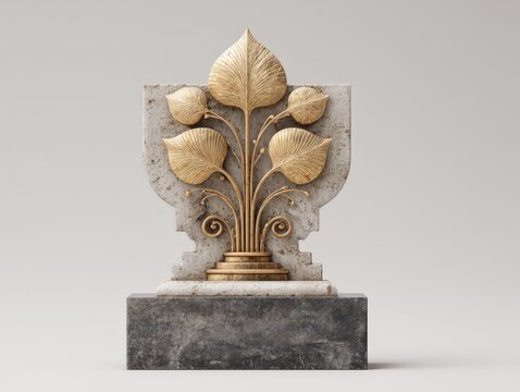 Abstract Green Stone Sculpture with Eucalyptus Leaves - Modern Art, Minimalist Design, Decorative Object, Botanical Element, Contemporary Style