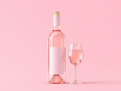 Pink Ros&eacute; Wine Bottle and Glass on Pink Background - Stock Photo of Summer Drink, Refreshment, and Elegant Lifestyle