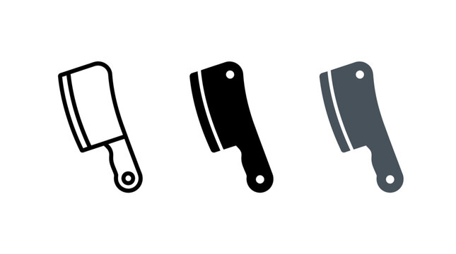 Set of three meat cleaver icons in outline solid and dark gray styles