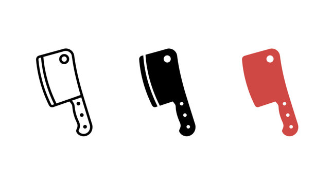Set of three meat cleaver icons in outline solid and red color styles