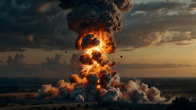 A bomb explodes into a scene of buildings in the city, a large explosion in the middle of a cloudy sky, , massive mushroom cloud erupts into the sky at sunset and casting an orange glow.