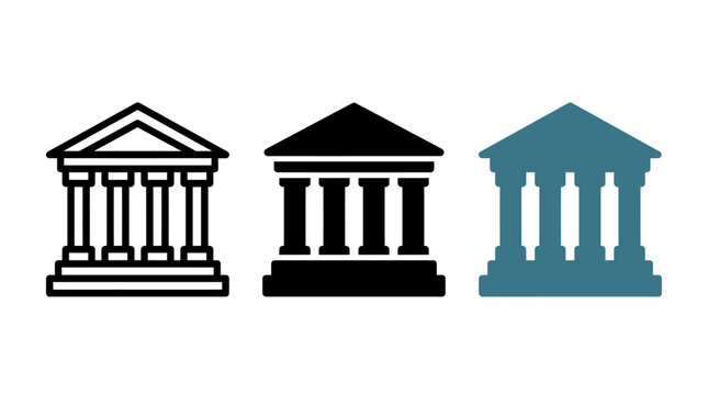 Collection of three bank building icons featuring pillars and triangular roof