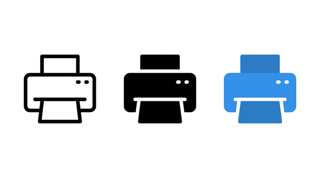 Collection of three printer icons in outline, solid, and flat blue styles