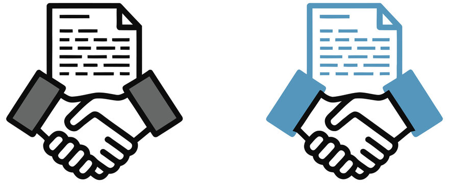 Business Agreement Icon, Handshake and Contract Document Symbol for Partnership, Deal Approval, Legal Cooperation, and Professional Transactions Vector Illustration
