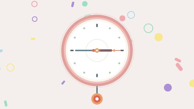 Minimalist vector illustration of a cute wall clock with colorful geometric confetti.