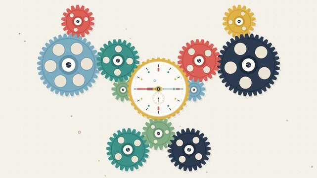 Colorful mechanical gears and clock mechanism working together in flat design vector illustration.