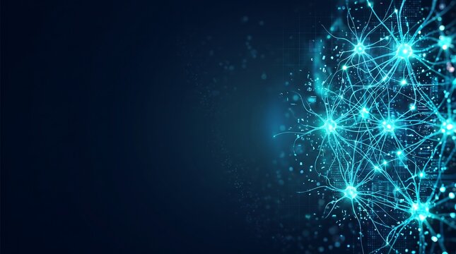 Neural network connections glowing with bright cyan light nodes and digital data streams on a dark blue background representing artificial intelligence and advanced machine learning technology