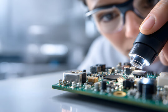 Electronics engineer inspecting a miniature circuit board for medical monitoring technology, highlighting precision diagnostics, embedded systems, sensor engineering and healthcare device innovation.