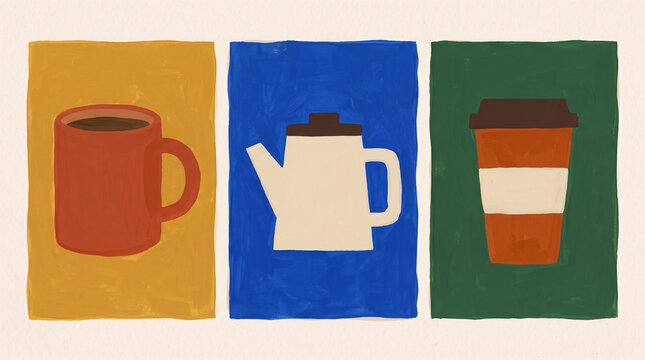 Red mug white teapot and takeaway cup depicted in a colorful acrylic style
