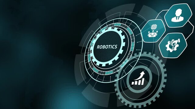 Advanced robotics and artificial intelligence engineering concept featuring futuristic cybernetic icons and rotating mechanism gears