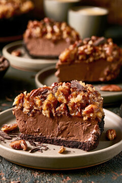 Delicious slice of homemade chocolate pecan pie served on a small ceramic plate with coffee cups and nuts in the background capturing a cozy rustic dessert atmosphere