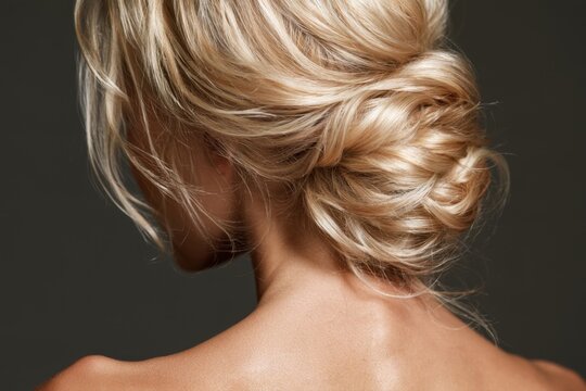Beautiful close up view of an elegant blonde updo hairstyle showing intricate braided twists and glowing healthy hair against a dark studio background