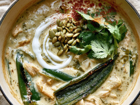 Overhead view of a rustic ceramic bowl filled with creamy green chili soup topped with roasted peppers pumpkin seeds and fresh cilantro