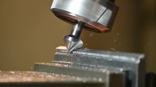Slow motion footage of metal deburring process using a chamfer tool on a CNC milling machine