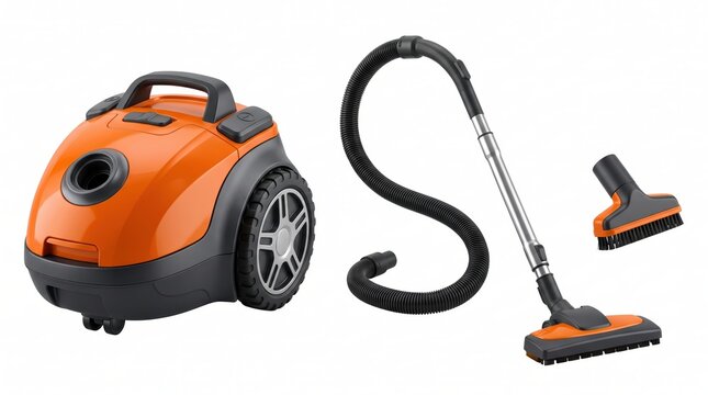 Bright orange and dark gray canister vacuum cleaner with a flexible hose, metal extension tube, and two interchangeable floor nozzles