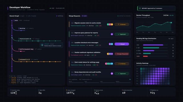 Premium dark developer workflow dashboard tracking git branch changes, merge requests, and review metrics with animated data visualization for commercial creative technology and business use.