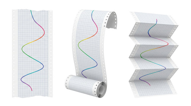 Three views of white grid paper rolls with perforated edges and a continuous rainbow colored sine wave graph line printed on the surface
