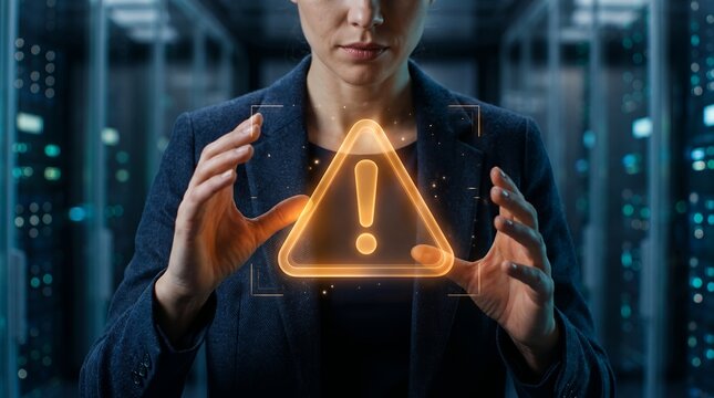 Professional technician manipulating holographic yellow warning triangle sign in modern data server room facility with engineer hologram security