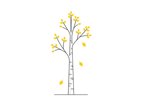 Yellow leaves falling from birch tree vector, minimal autumn landscape